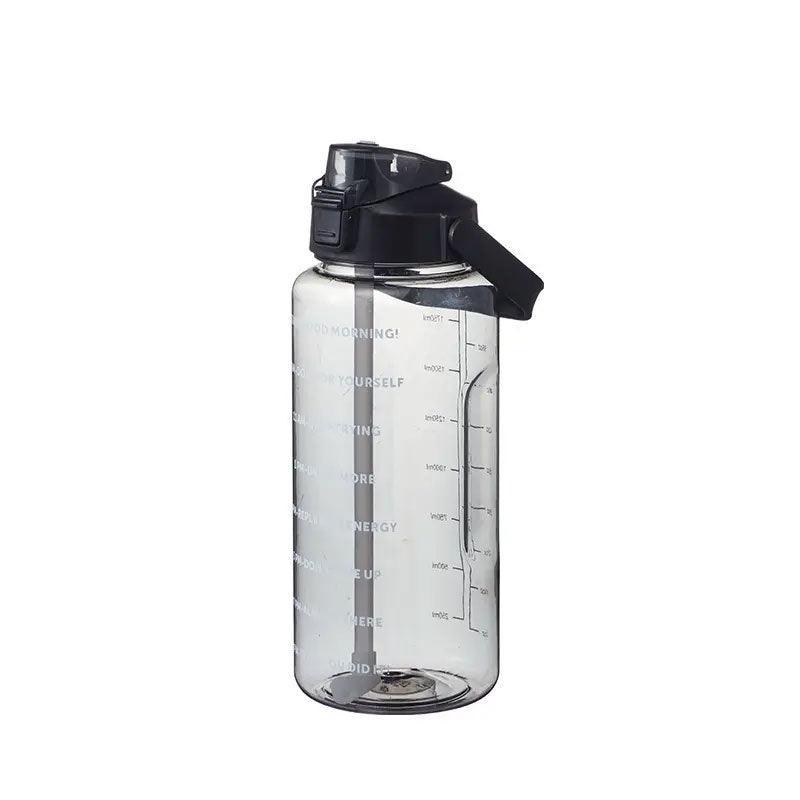 2L Water Bottle Straw Cup Motivational Drink Flask With Time Markings Sports Gym - Black