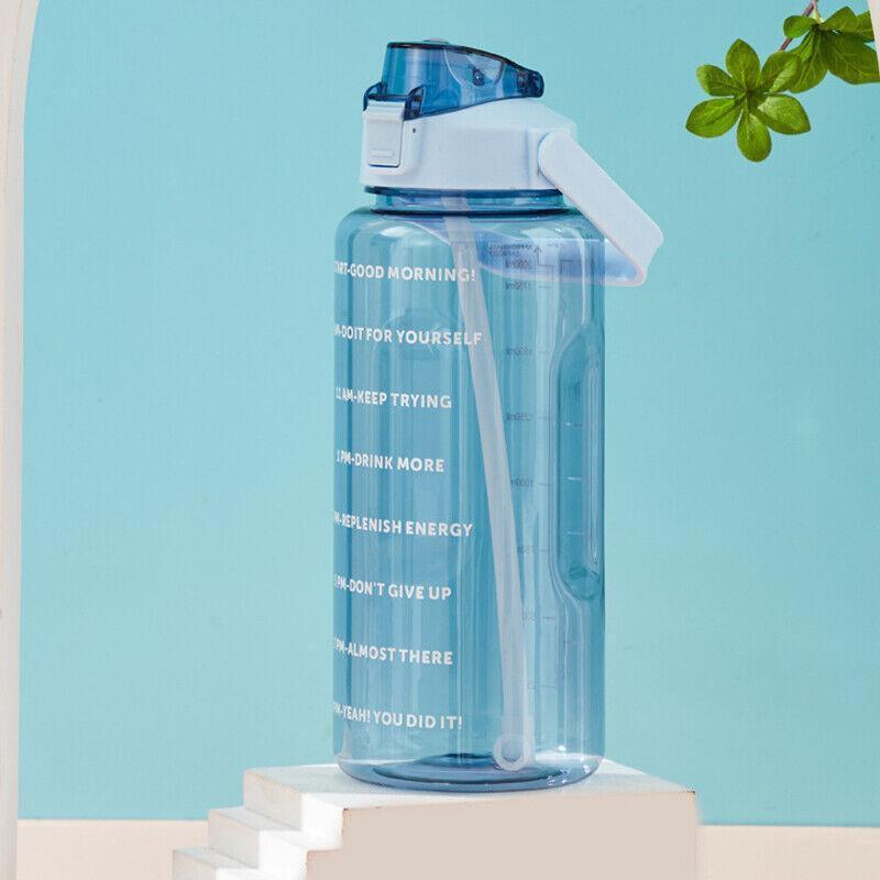 2L Water Bottle Straw Cup Motivational Drink Flask With Time Markings Sports Gym - Green