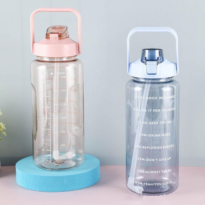 2L Water Bottle Straw Cup Motivational Drink Flask With Time Markings Sports Gym - Purple