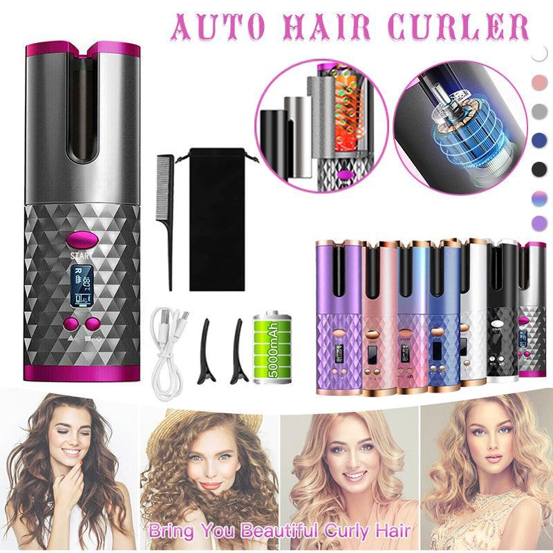 Lcd Cordless Auto Rotating Hair Curler Hair Waver Curling Iron Wireless Ceramic - Pink