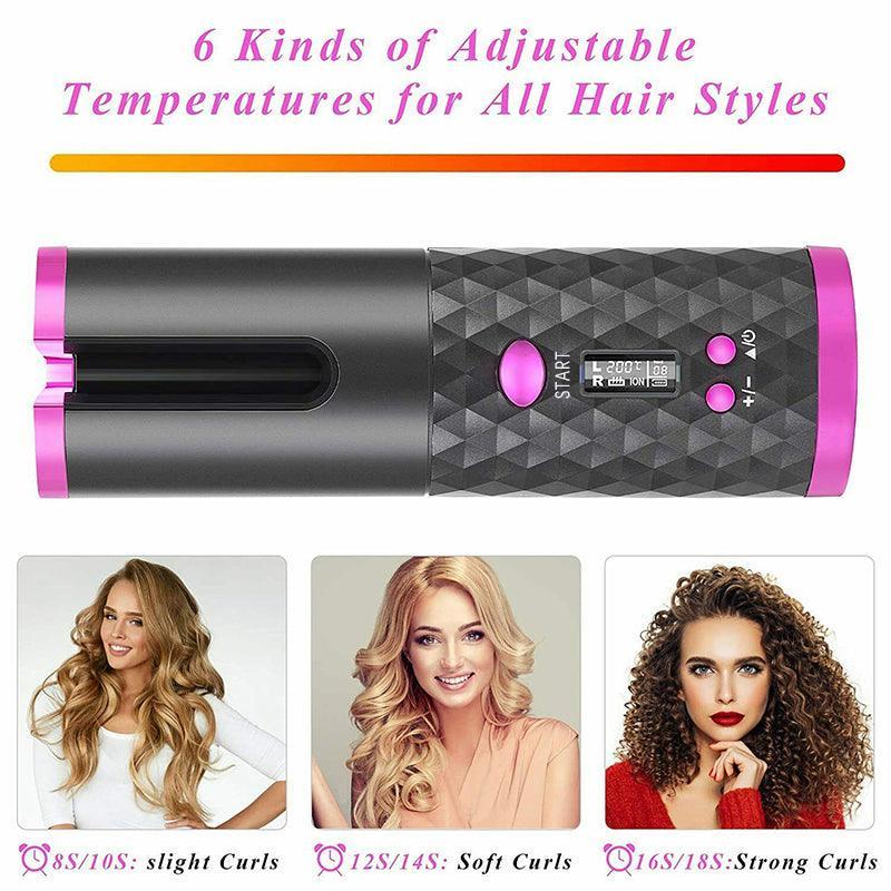 Lcd Cordless Auto Rotating Hair Curler Hair Waver Curling Iron Wireless Ceramic - Pink