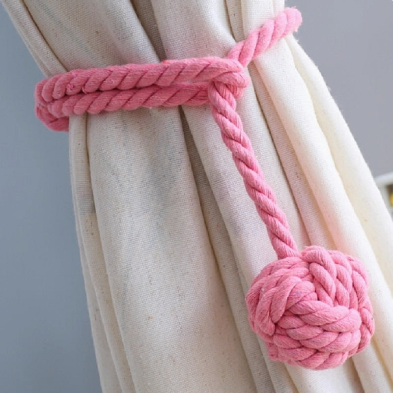 1pair Braided Cotton Curtain Tiebacks No Hole Curtain Holdbacks Hanging Balls - Pink