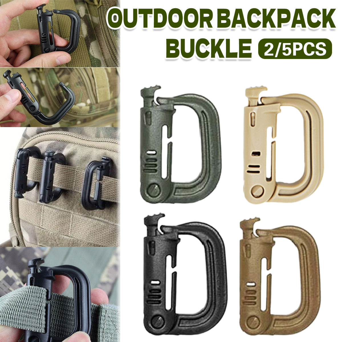 2/5pcs Outdoor D-ring Buckle for Backpack Mountaineering Hiking Camping Clip - 2pcs-Black