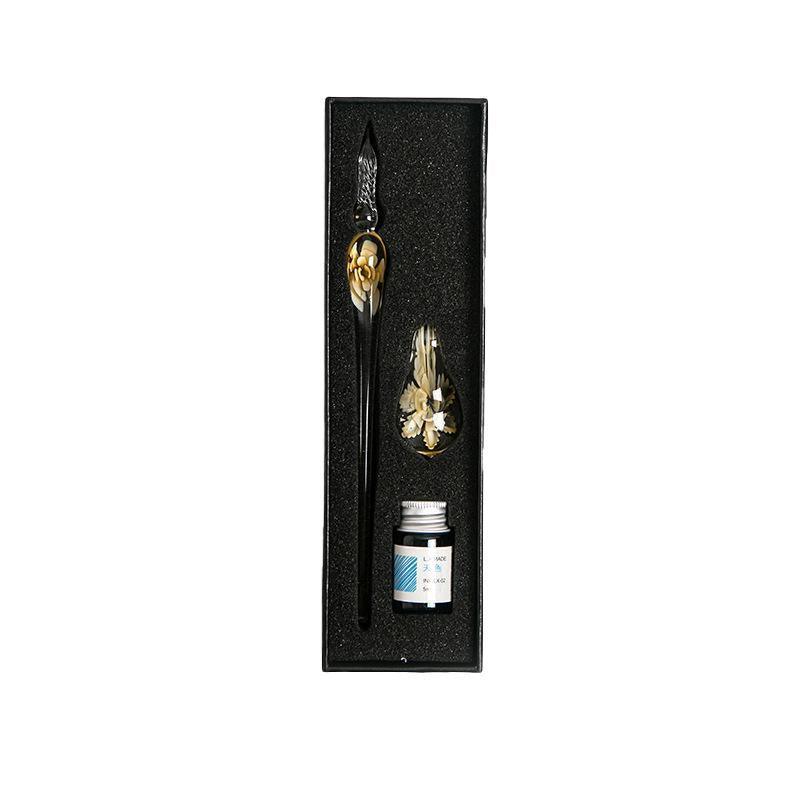 Crystal Flower Glass Dipping Dip Pen Writing Set Gift Pack Fountain Calligraphy - Blue