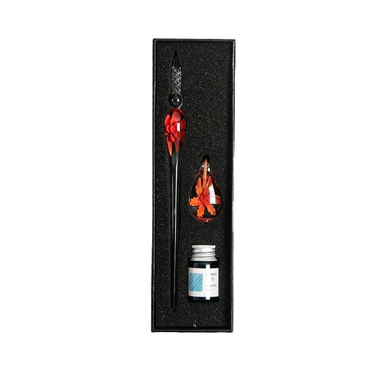 Crystal Flower Glass Dipping Dip Pen Writing Set Gift Pack Fountain Calligraphy - Blue