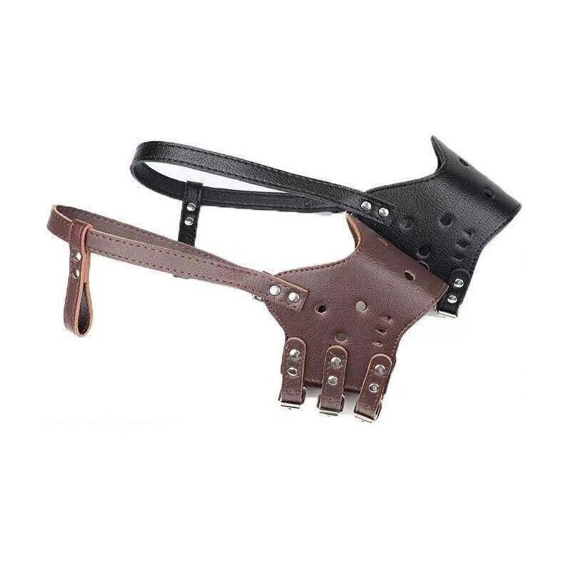 Adjustable Leather Pet Dog Mask Mouth Muzzle Anti Barking Bite Stop Chewing Brown - S