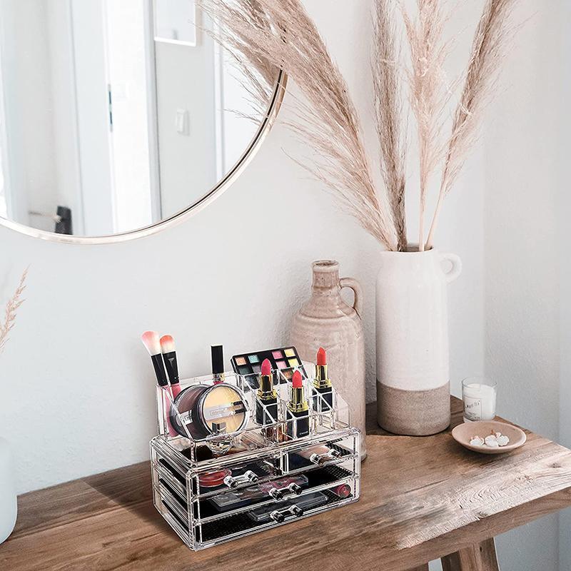 Holder Cosmetic Makeup Organiser 4 Drawer Storage Jewellery Box Clear Acrylic - Without Black Mesh Pad