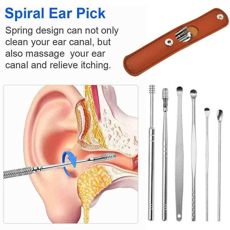 6Pcs Stainless Steel Ear Pick Curette Wax Cleaner Earpick Remover Earwax Removal - Blue