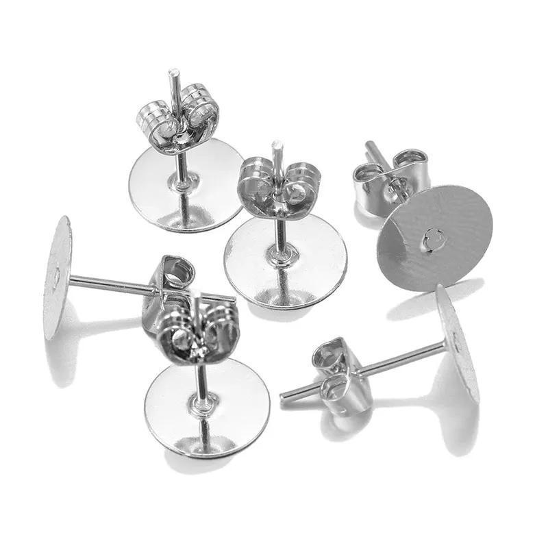 50/100/200PCS Earring Stud Posts Pads+Nut Backs Silvery Surgical Steel DIY Craft 4MM - 50PCS (50xpads&50xbacks)