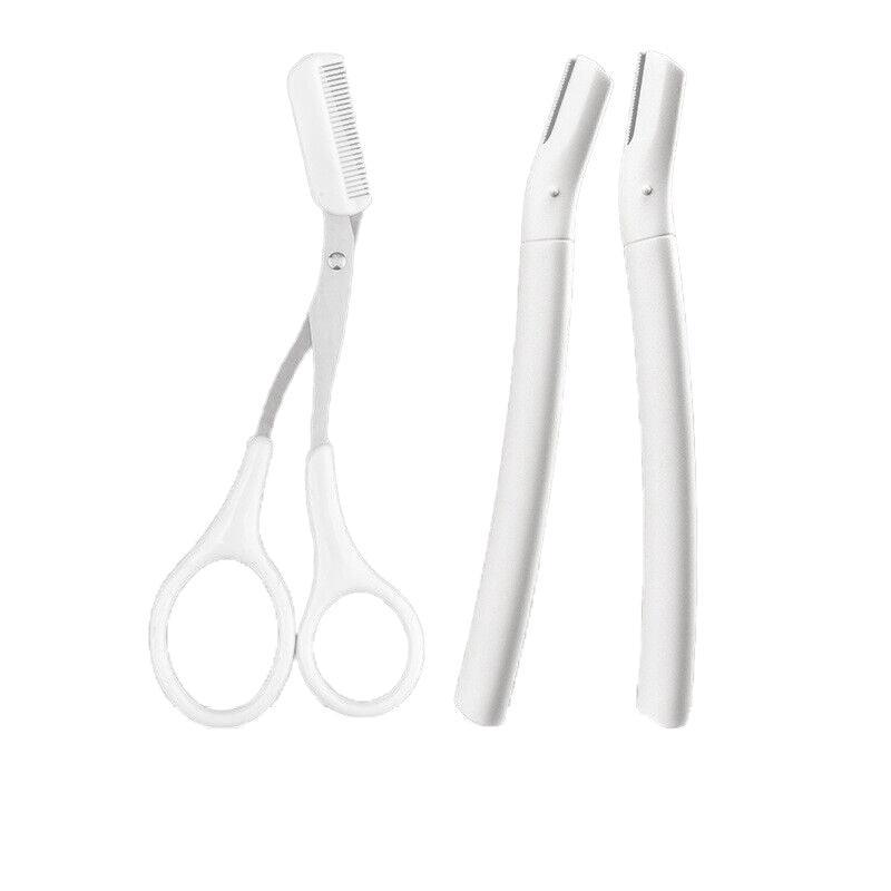 3Pcs Eyebrow Razor Set Facial Trimmer Shaver Blade Hair Remover Beauty Tool - White+Clear Eyebrow Razor+Scissor