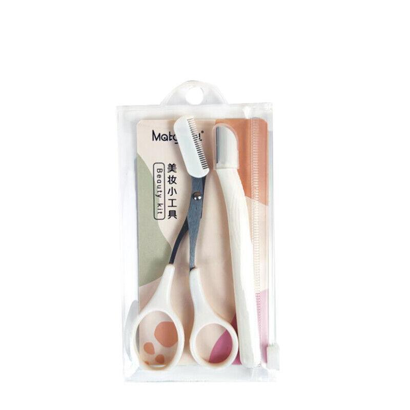 Eyebrow Scissors with Comb Stainless Steel Makeup Trimmer Beauty Tool 3 Colours - Pink (Eyebrow Razor + Scissor)