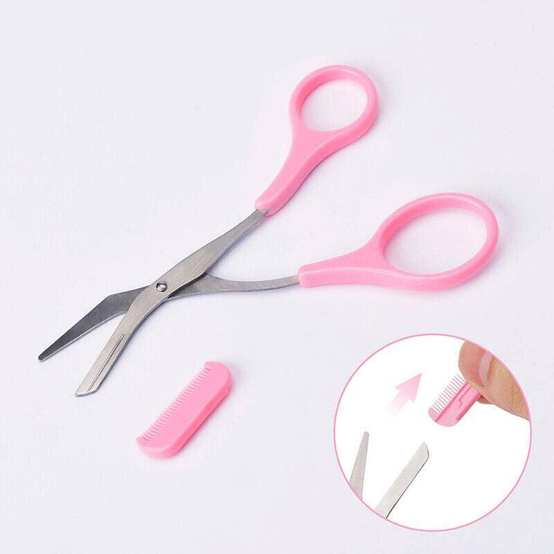 Eyebrow Scissors with Comb Stainless Steel Makeup Trimmer Beauty Tool 3 Colours - Pink