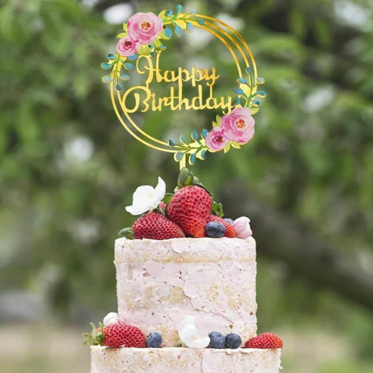 Happy Birthday Anniversary Wedding Cake Flowers Topper Acrylic Party Decorations - NO.01