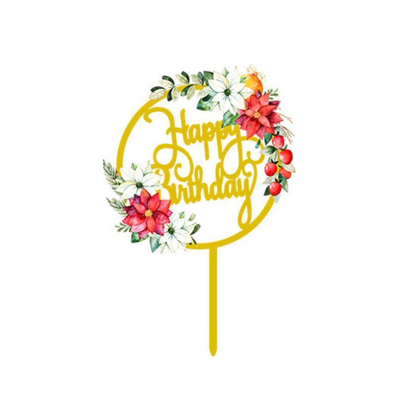 Happy Birthday Anniversary Wedding Cake Flowers Topper Acrylic Party Decorations - NO.01