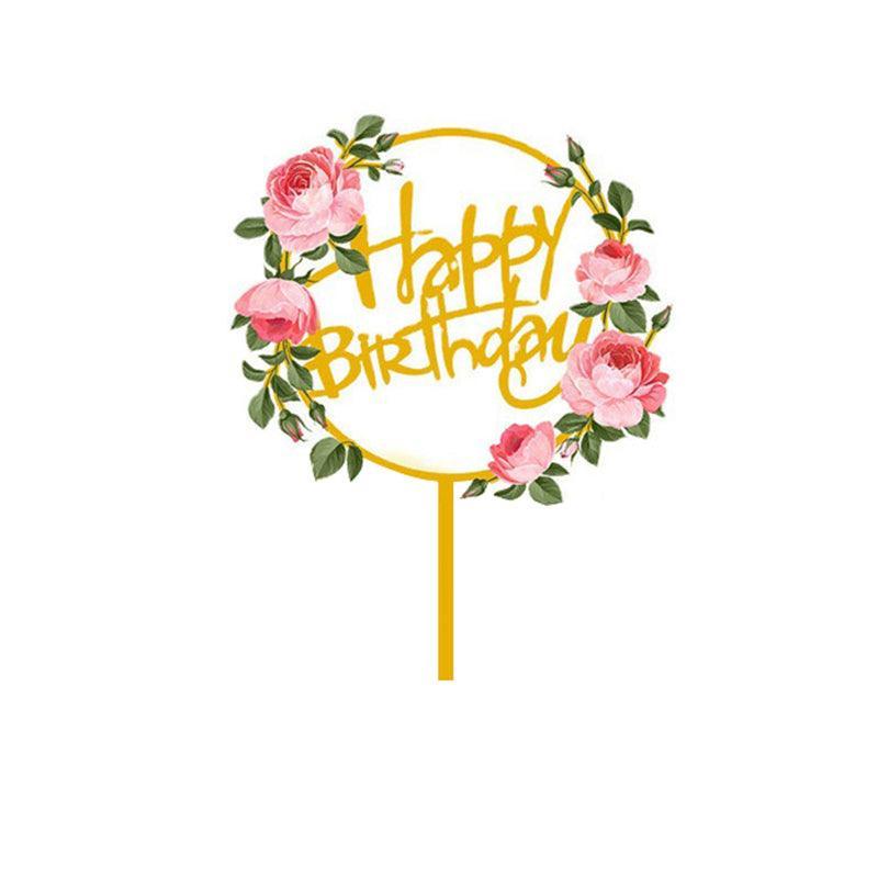 Happy Birthday Anniversary Wedding Cake Flowers Topper Acrylic Party Decorations - NO.01