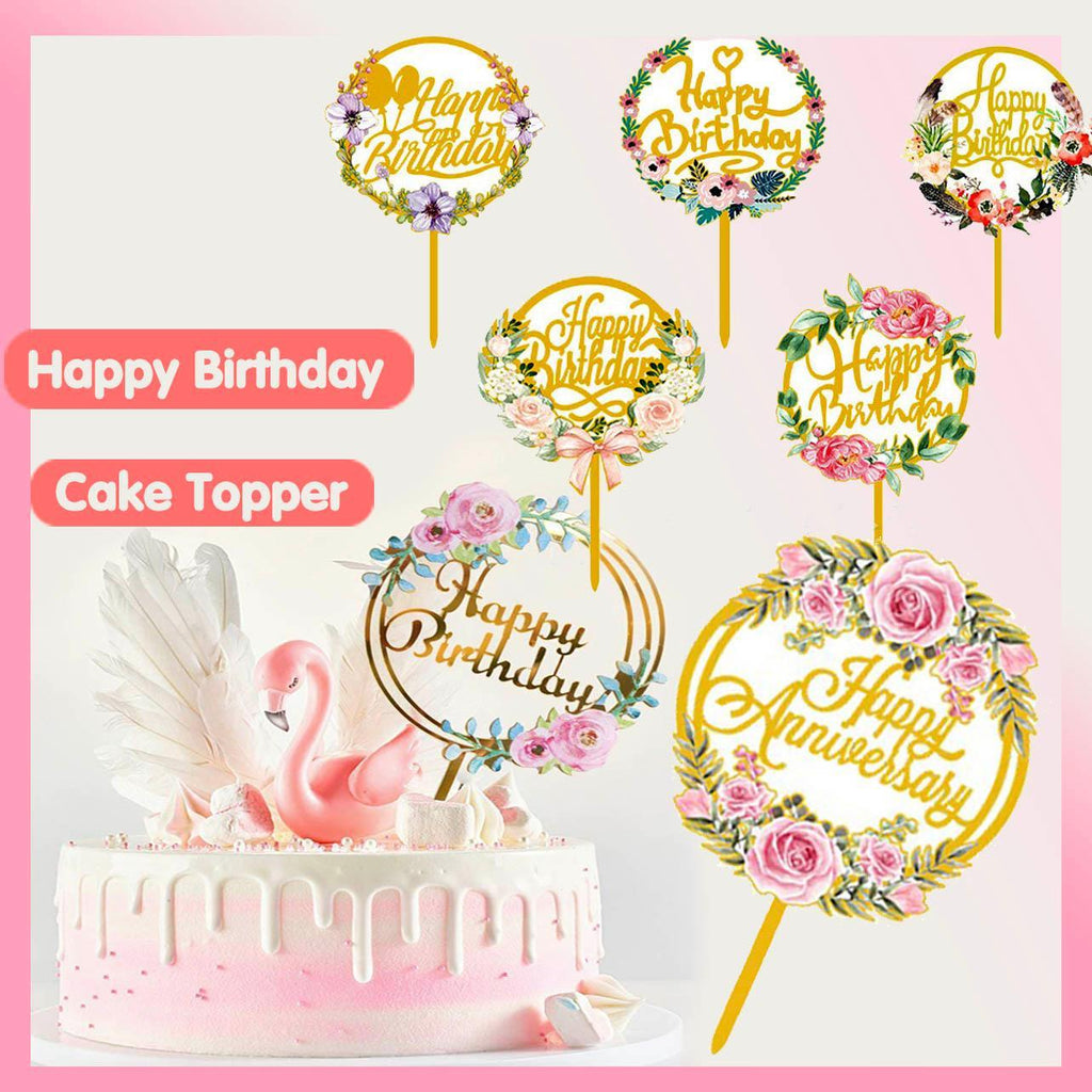Happy Birthday Anniversary Wedding Cake Flowers Topper Acrylic Party Decorations - NO.11