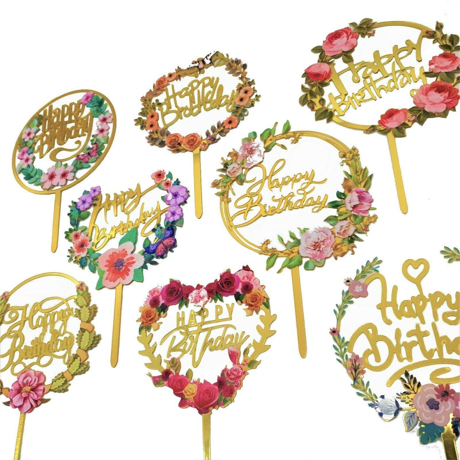 Happy Birthday Anniversary Wedding Cake Flowers Topper Acrylic Party Decorations - NO.12