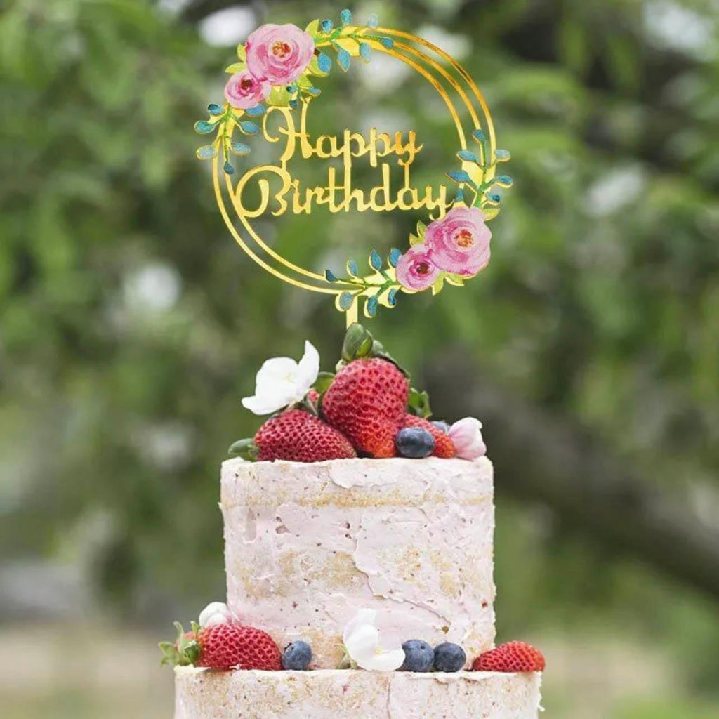 Happy Birthday Anniversary Wedding Cake Flowers Topper Acrylic Party Decorations - NO.02