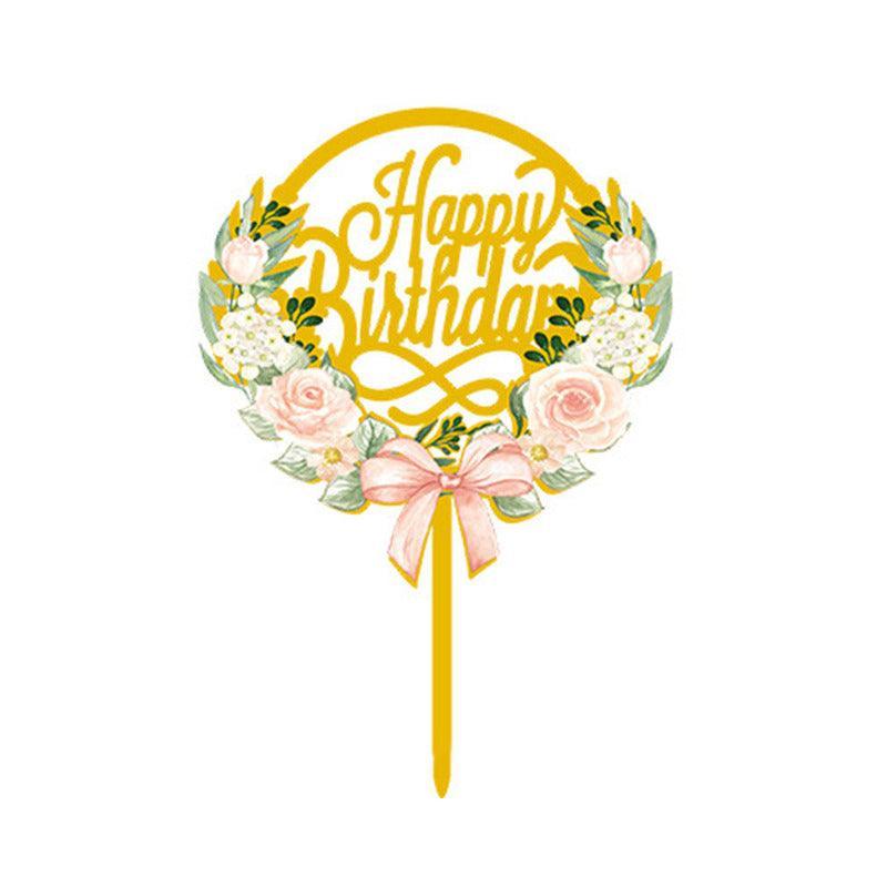 Happy Birthday Anniversary Wedding Cake Flowers Topper Acrylic Party Decorations - NO.02