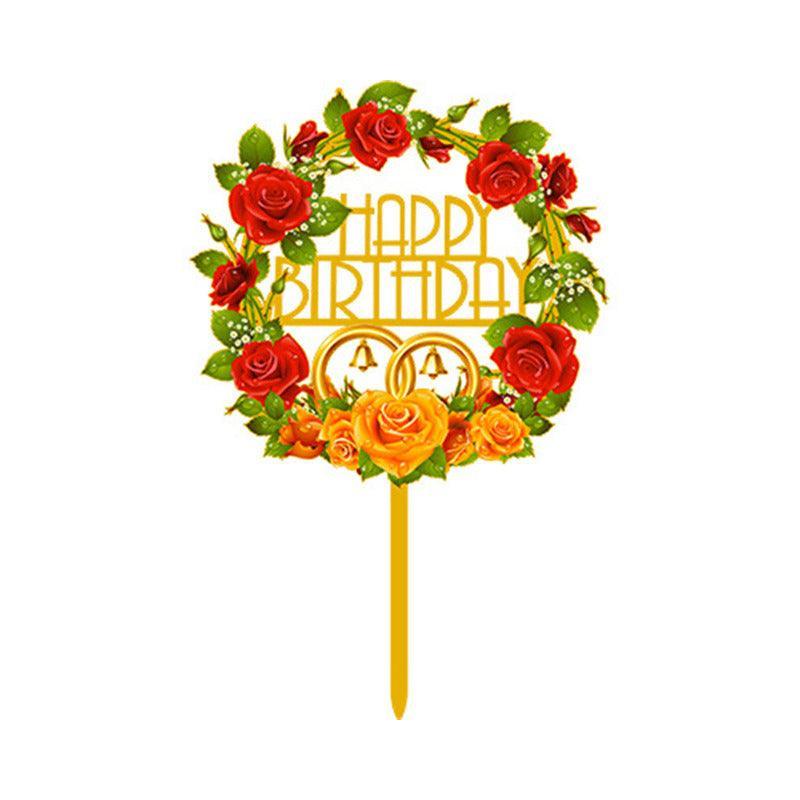 Happy Birthday Anniversary Wedding Cake Flowers Topper Acrylic Party Decorations - NO.02