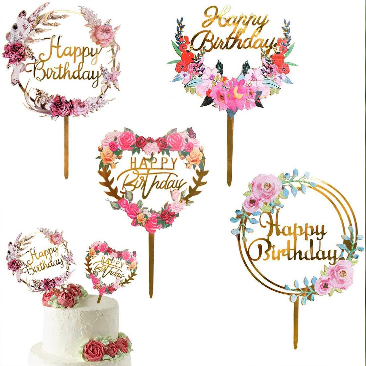 Happy Birthday Anniversary Wedding Cake Flowers Topper Acrylic Party Decorations - NO.08