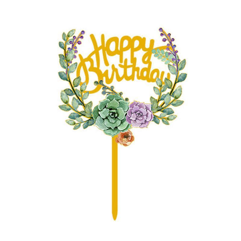 Happy Birthday Anniversary Wedding Cake Flowers Topper Acrylic Party Decorations - NO.09
