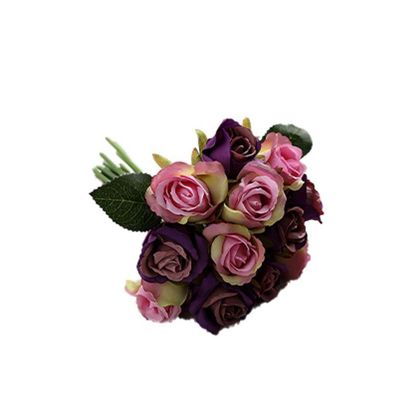 12 Heads Silk Rose Artificial Flowers Fake Bouquet - White+blue