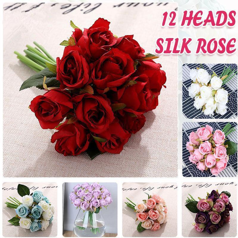 12 Heads Silk Rose Artificial Flowers Fake Bouquet - Champagne