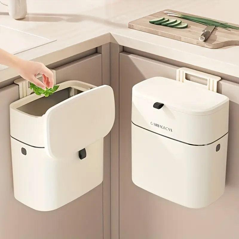 Wall Mounted Hanging Waste Bin with Lid Household Cabinet Trash Can Cream White