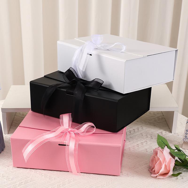 Elegant Ribbon Flip Folding Gift Boxes Multiple Colors High-Quality Cardboard - Pink