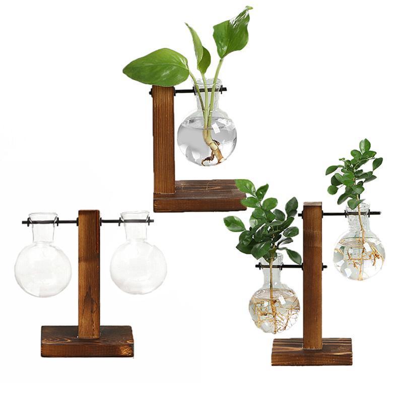 Wooden Stand Glass Flower Vase Hydroponic Hanging Plant Terrarium Container - A