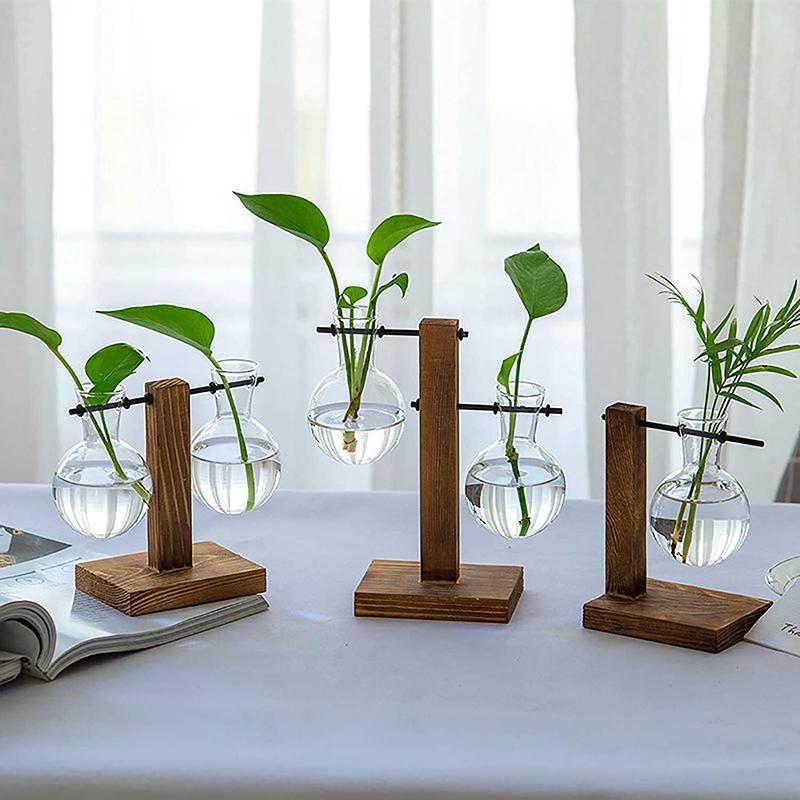 Wooden Stand Glass Flower Vase Hydroponic Hanging Plant Terrarium Container - A
