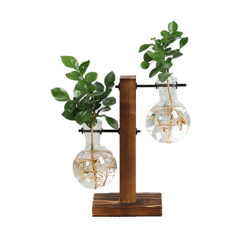 Wooden Stand Glass Flower Vase Hydroponic Hanging Plant Terrarium Container - A