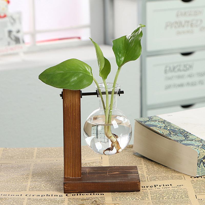 Wooden Stand Glass Flower Vase Hydroponic Hanging Plant Terrarium Container - B