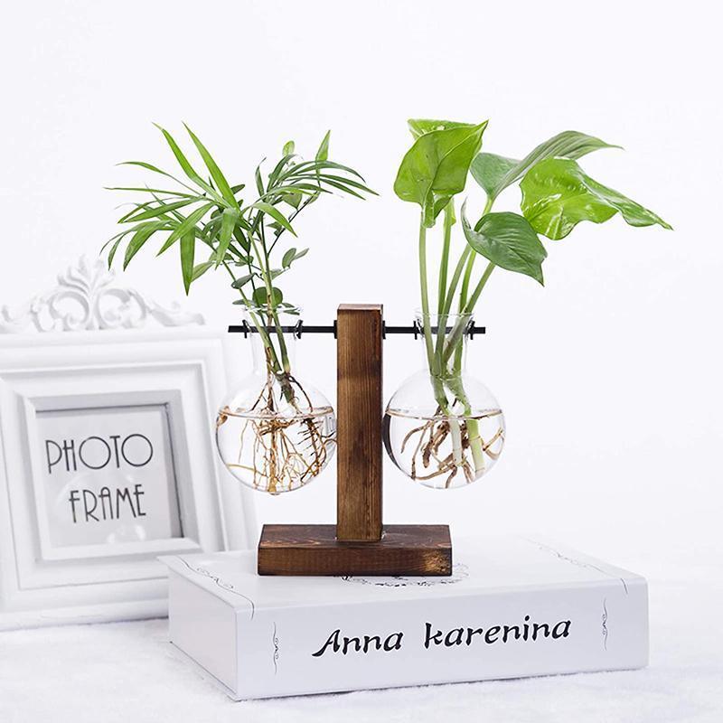 Wooden Stand Glass Flower Vase Hydroponic Hanging Plant Terrarium Container - C