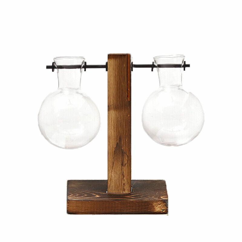 Wooden Stand Glass Flower Vase Hydroponic Hanging Plant Terrarium Container - C