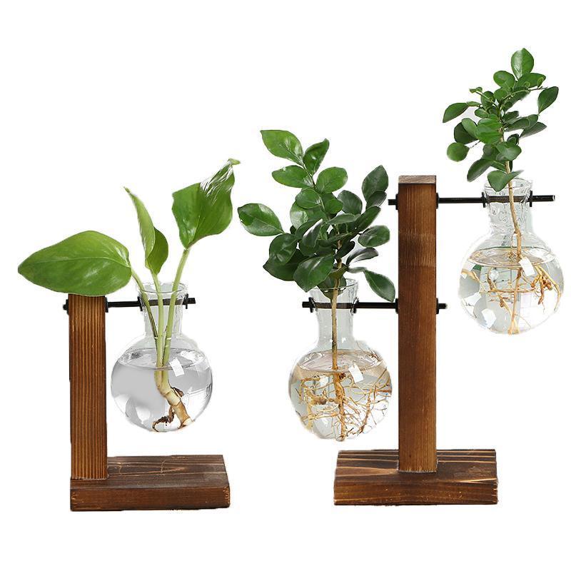 Wooden Stand Glass Flower Vase Hydroponic Hanging Plant Terrarium Container - C