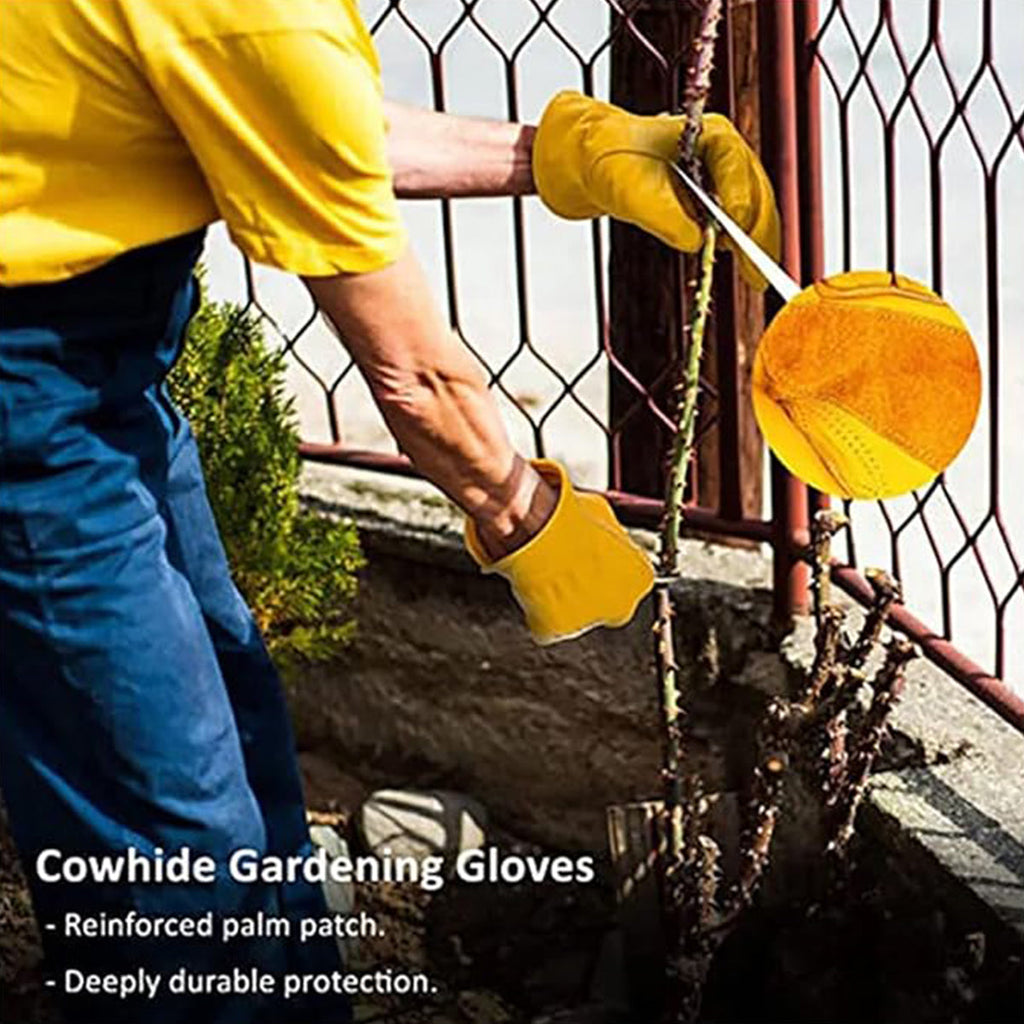 Golden Yellow Cowhide Work Gloves Full Finger Gardening DIY Home Maintenance Use - M