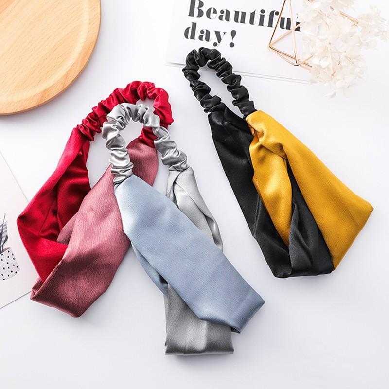 Women Chiffon Floral Print Headband Fashion Bohemian Elastic Cross Hair Bands - B-Pink+Blue