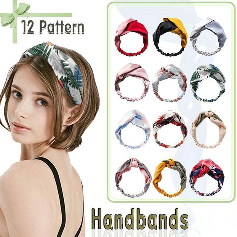 Women Chiffon Floral Print Headband Fashion Bohemian Elastic Cross Hair Bands - Blue+Grey