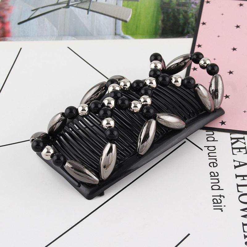 Beaded Stretchy Easy Magic Hair Comb Elastic Double Hair Clip Hair Accessories - Black