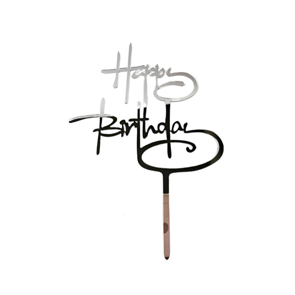 Acrylic Home Happy Birthday Decor Baking Cake Topper Card Party Decor Supply - Silver S31