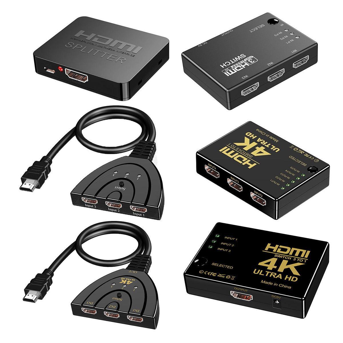 HDMI Switch Splitter 3-in-1 5-in-1 or 1-in-2 1080p 4K Manual or Remote Options - 3 in 1 Switch 1080p Remote