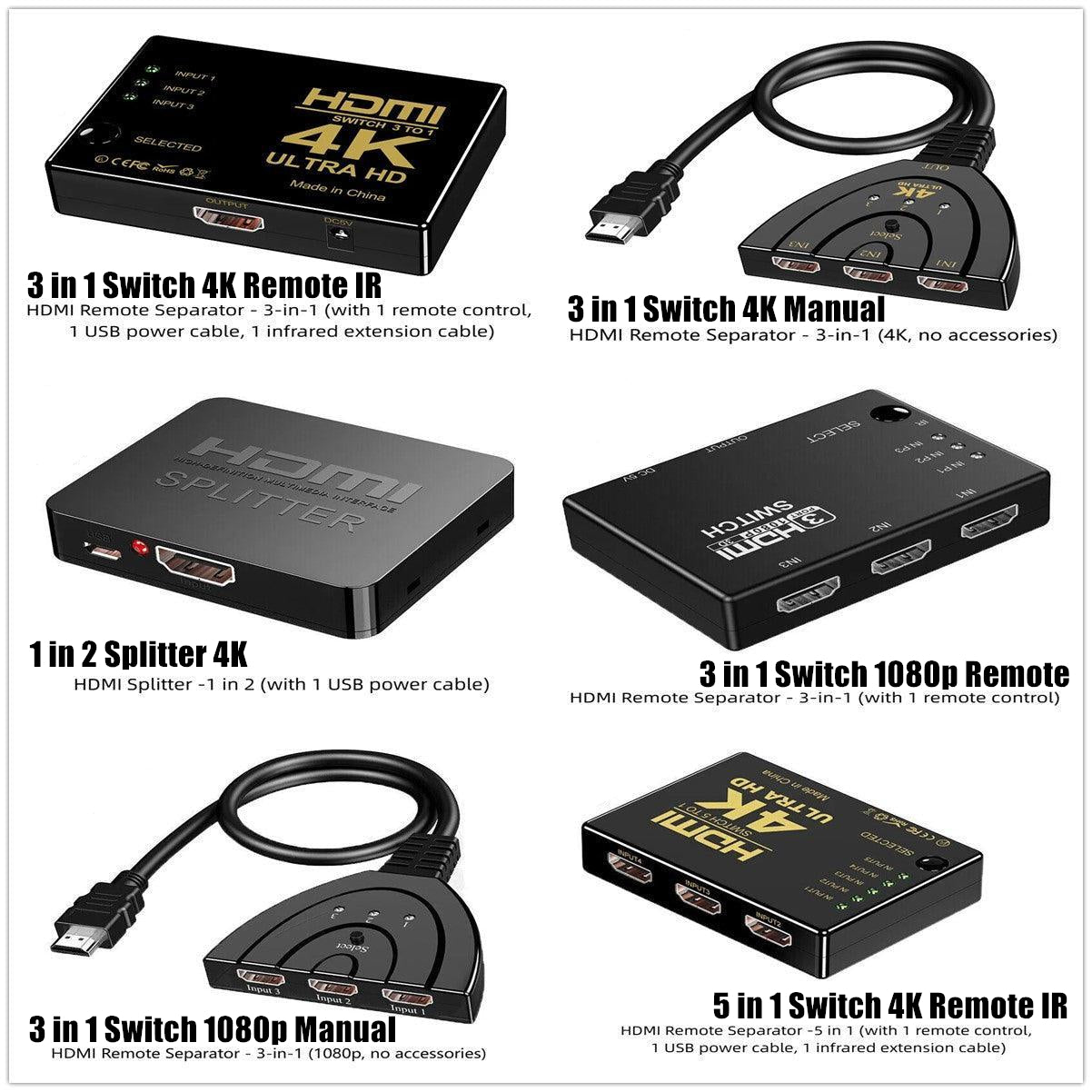 HDMI Switch Splitter 3-in-1 5-in-1 or 1-in-2 1080p 4K Manual or Remote Options - 3 in 1 Switch 4K Remote IR