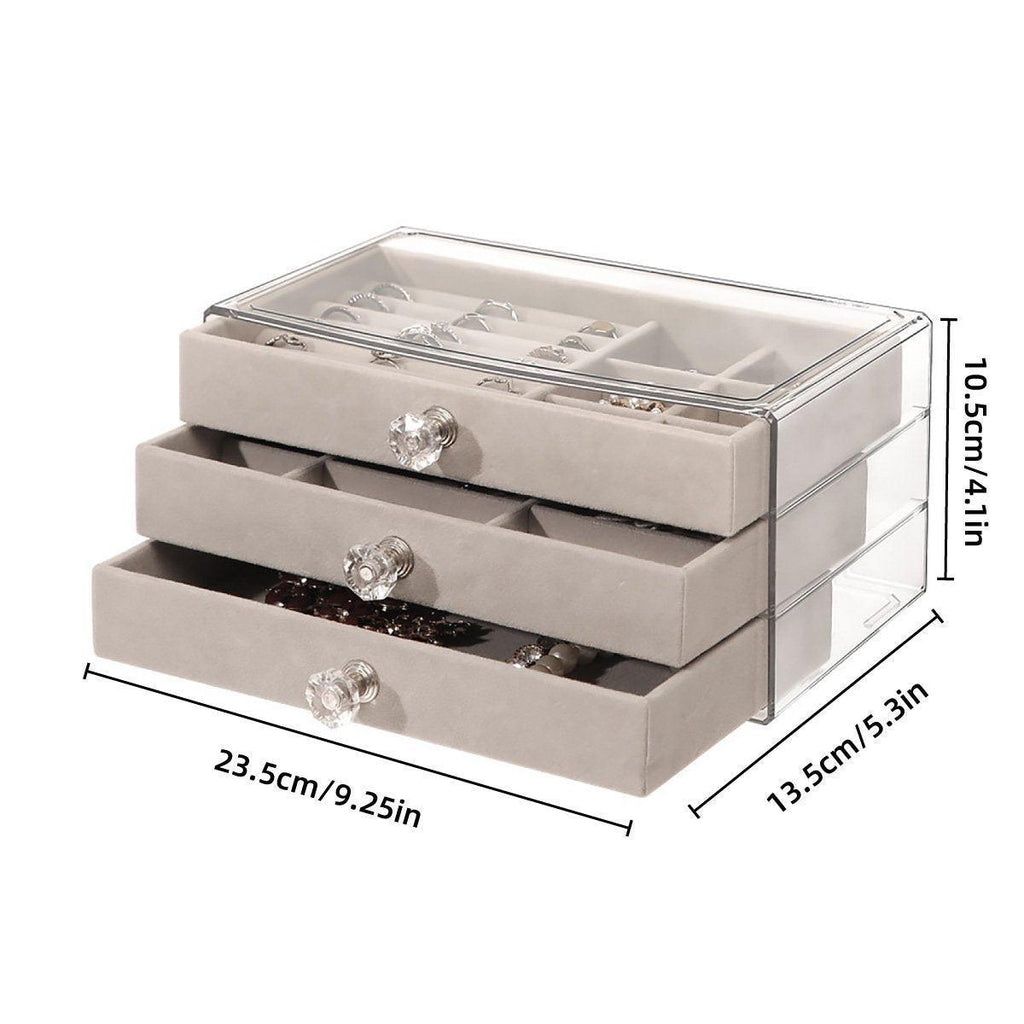 Three Layer Flannel Jewelry Storage Box Dustproof Drawer Organizer for Earrings - Grey