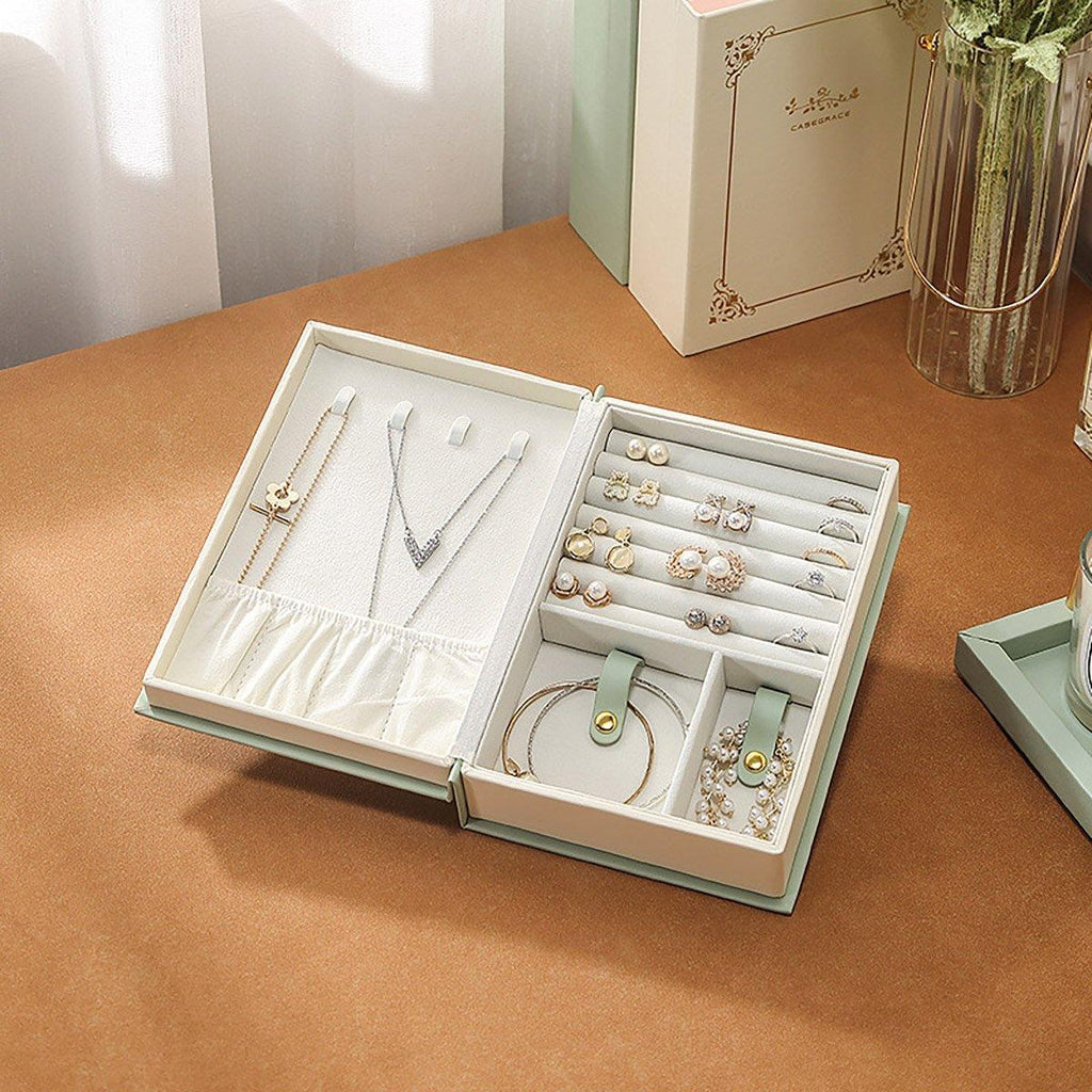 Creative PU Leather Jewelry Box Book Earrings Rings Necklace Organizer Holder - White