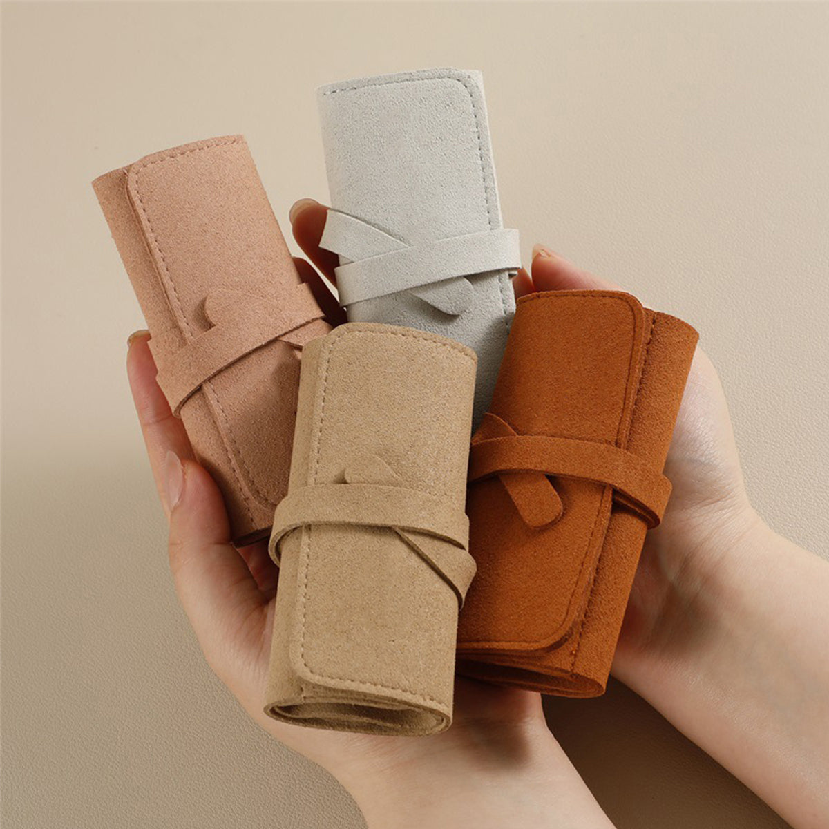 Portable Microfiber Jewelry Storage Bag Roll Organizer for Earrings Necklaces - Pink