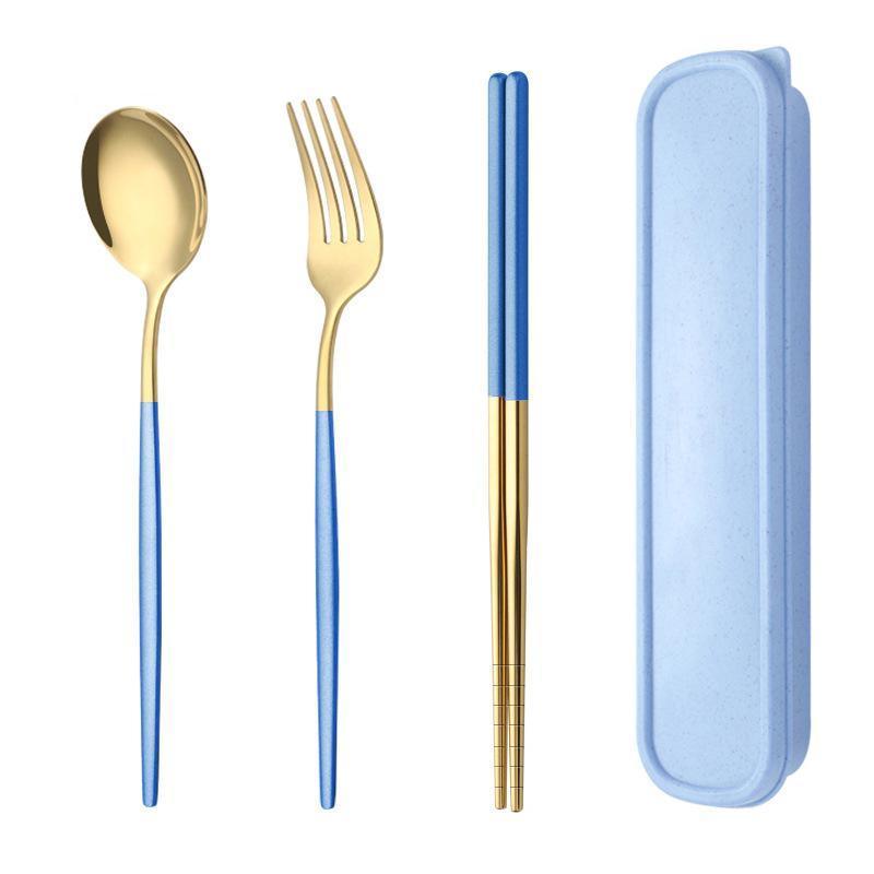 5PC Stainless Steel Portable Cutlery Set -  Fork Spoon for Travel & Picnic - Blue