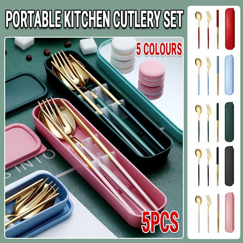 5PC Stainless Steel Portable Cutlery Set -  Fork Spoon for Travel & Picnic - Green