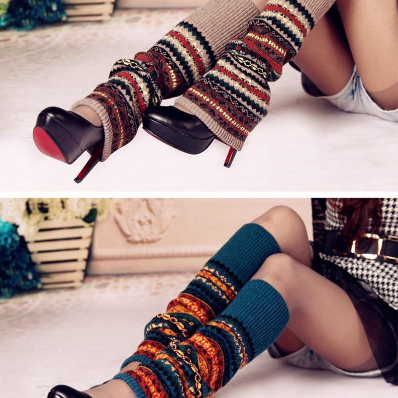 Women Ladies Winter Warm Knit Wool Leg Warmer Woolen Knee Knit Socks Leggings - Navy